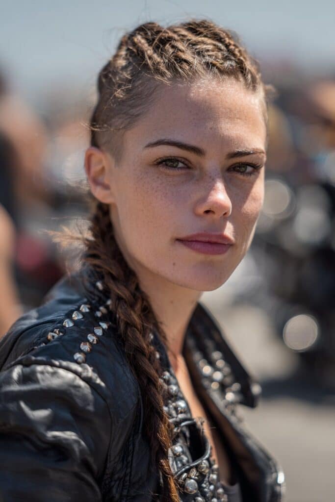 Biker woman wearing a faux hawk hairstyle with braided sides and strong middle definition.