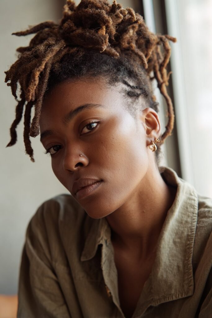 black woman styled in faux hawk with raised dreadlocks