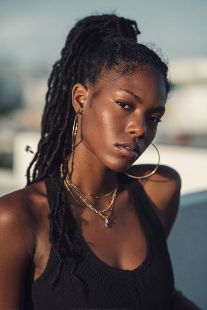 black woman with faux locs high ponytail and sleek crown shape