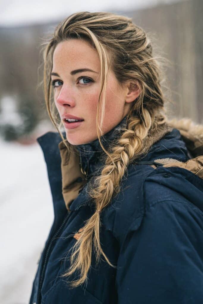 Fishtail braid ski hairstyle with detailed braid texturre