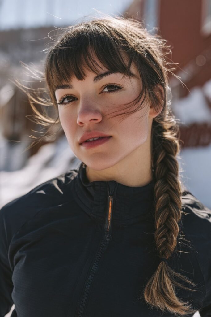 Fishtail braid snowboarding hairstyle with side bangs