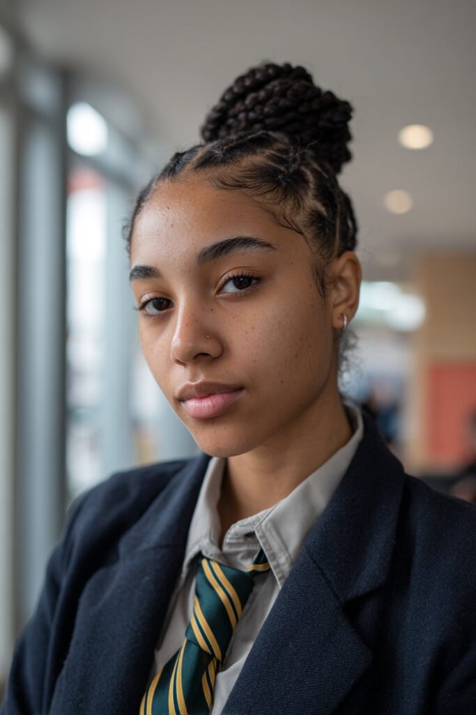 student with neat flat twist updo on 4c hair