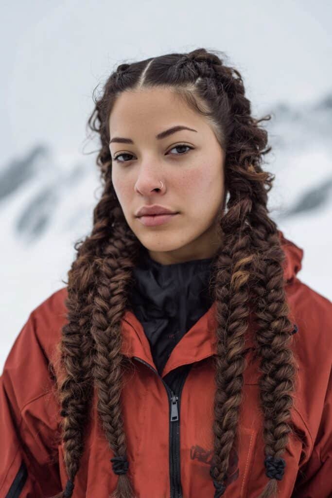 Four Sided braids ski hairstyle for curly hair in snow