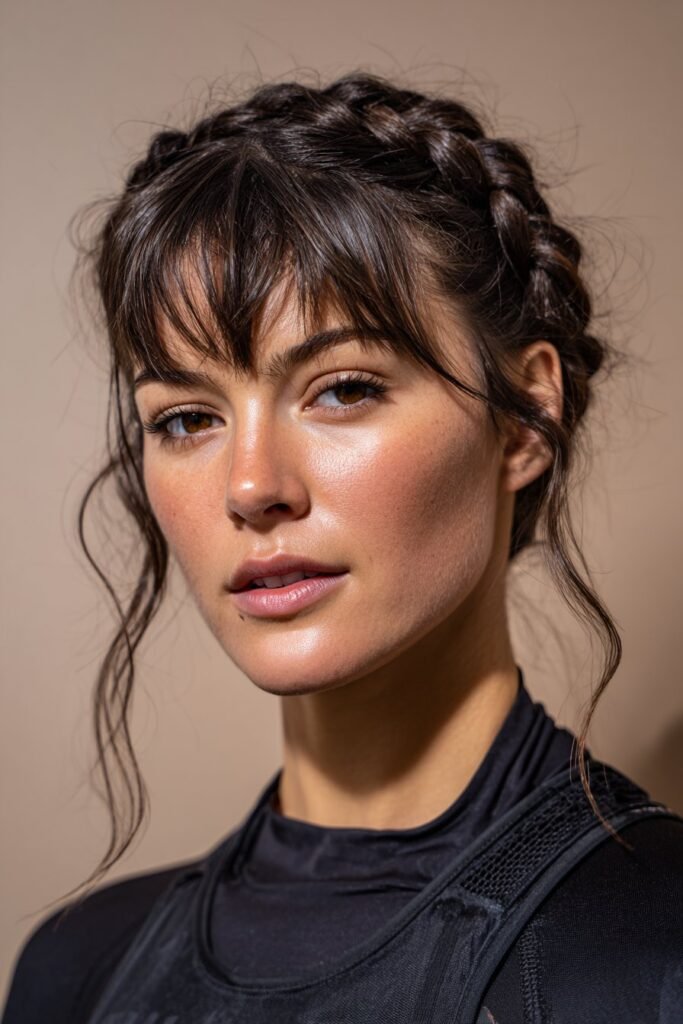 French braid crown snowboarding hairstyle with wispy bangs