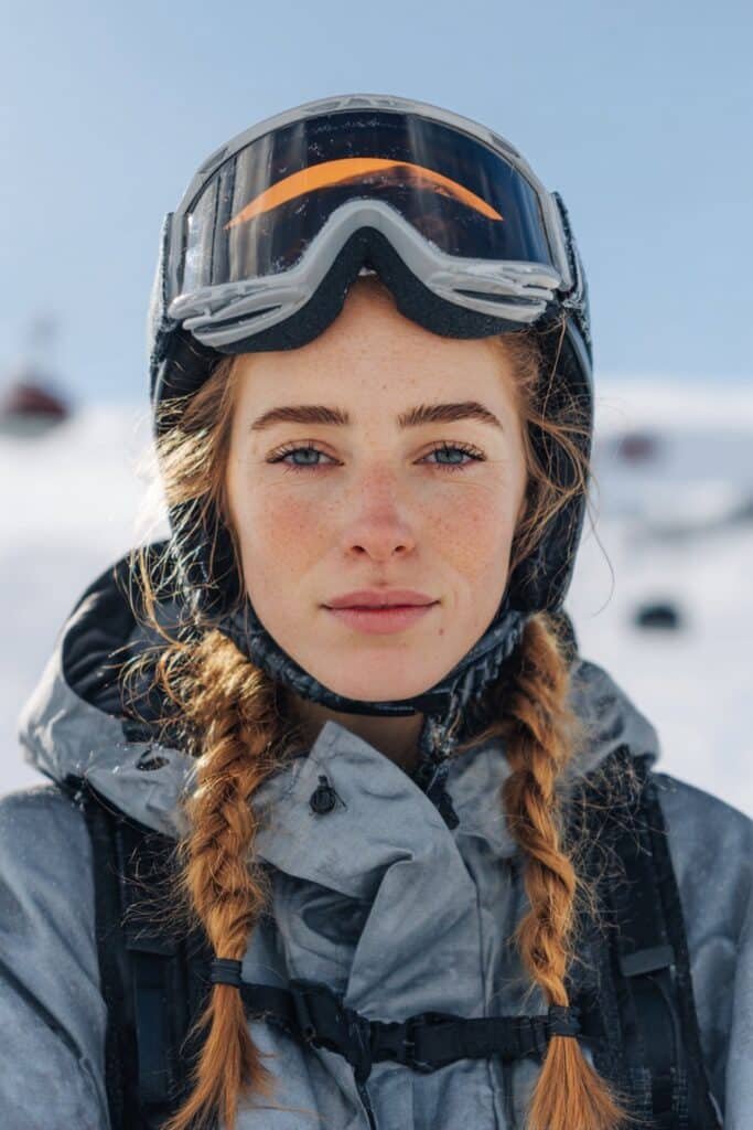 French braid pigtails ski hairstyle for long hair at ski resort