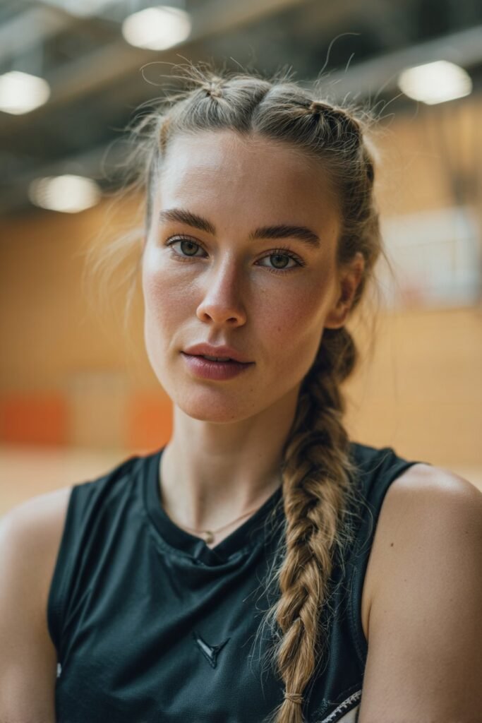girl with french braid ponytail basketball hairstyle