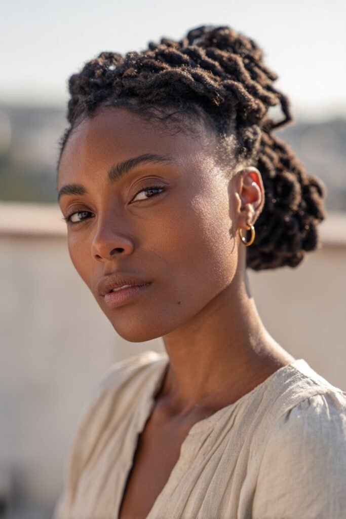 black woman with french braid flowing into low bun loc style