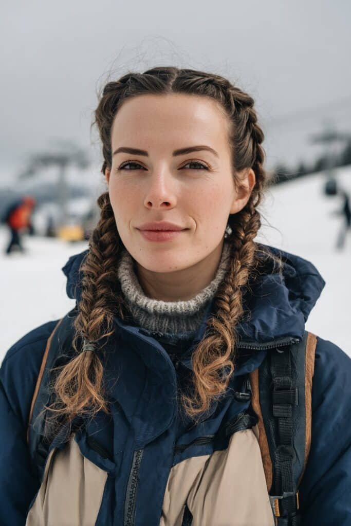 French braids ski hairstyle for curly hair in snowy resort