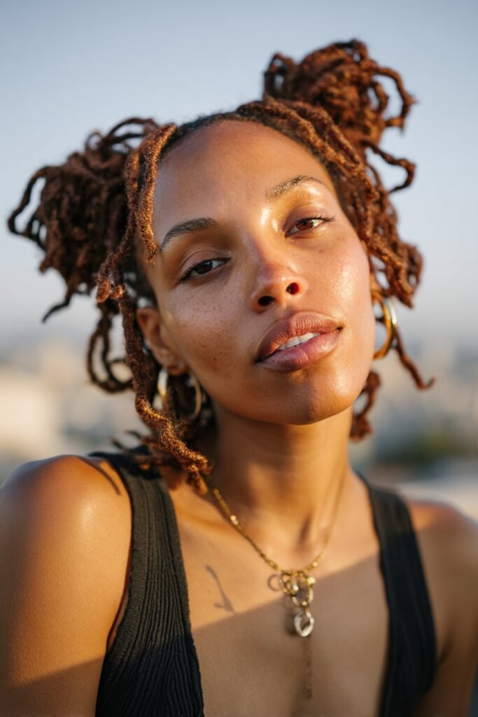 black woman with ginger locs styled in double space buns