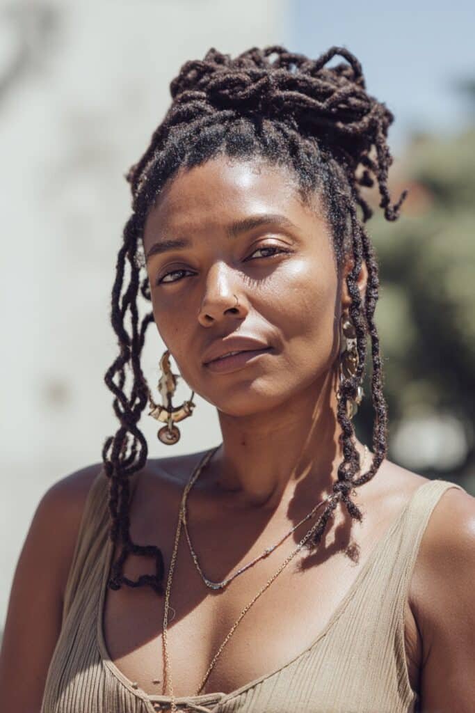 black woman with goddess locs wrapped softly around crown