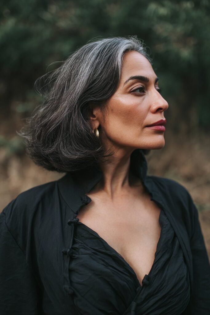 black hair with soft gray peekaboo highlights under sections