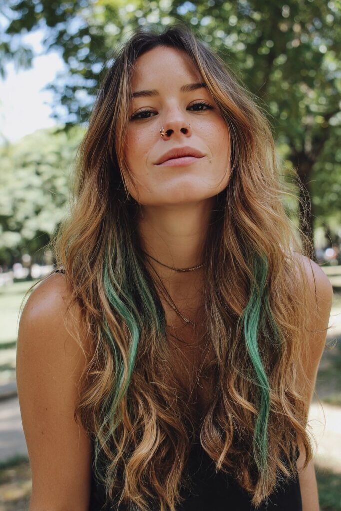 wavy hairstyle with hidden green peekaboo highlights beneath loose curls