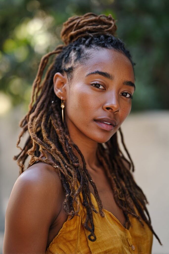 black woman wearing half up half down dreadlocks hairstyle