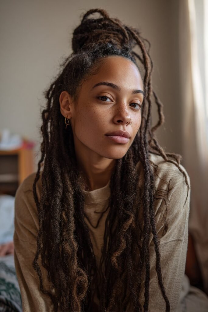 woman with half up half down loc hairstyle