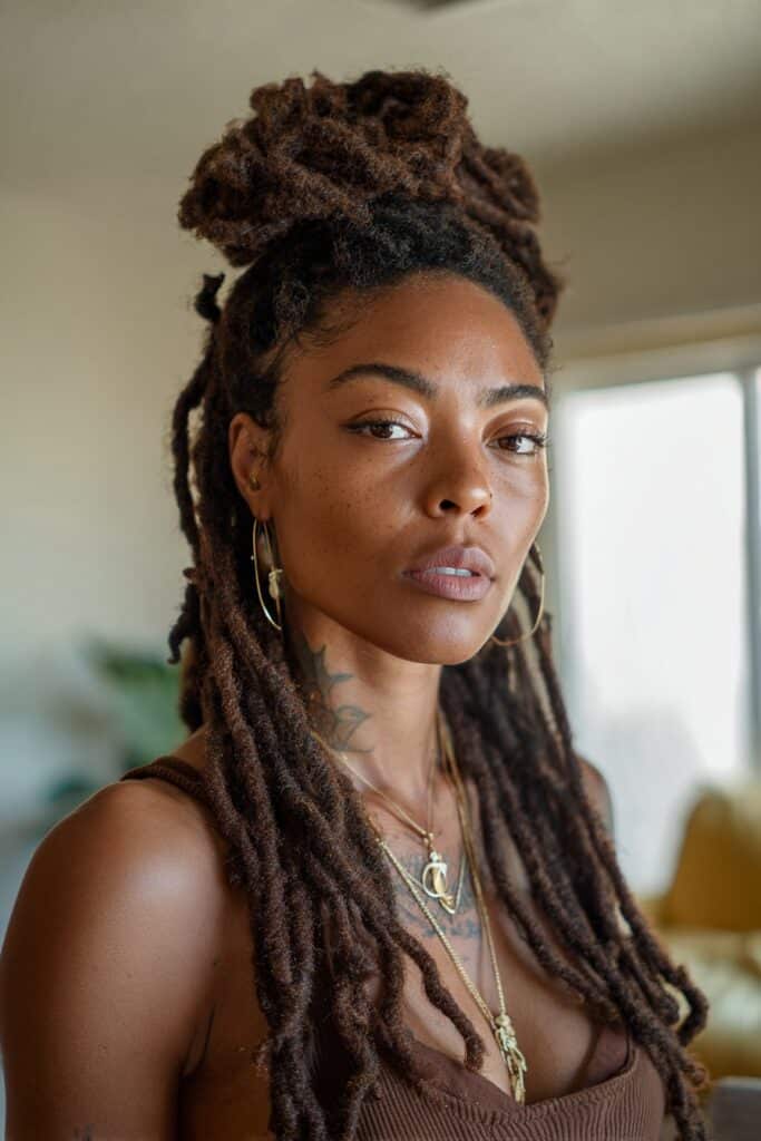 woman with thick faux locs half up half down hairstyle
