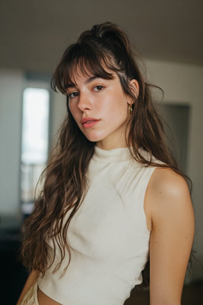 Half-up long hairstyle with side part bangs and natural crown volume.