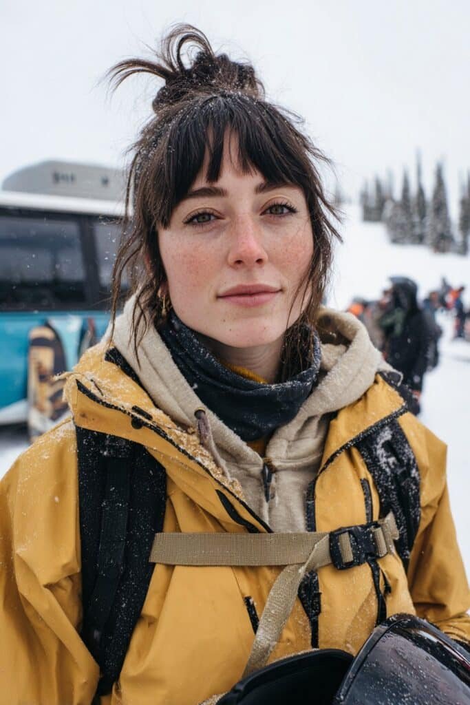 Half up top knot with choppy bangs for snowboarding