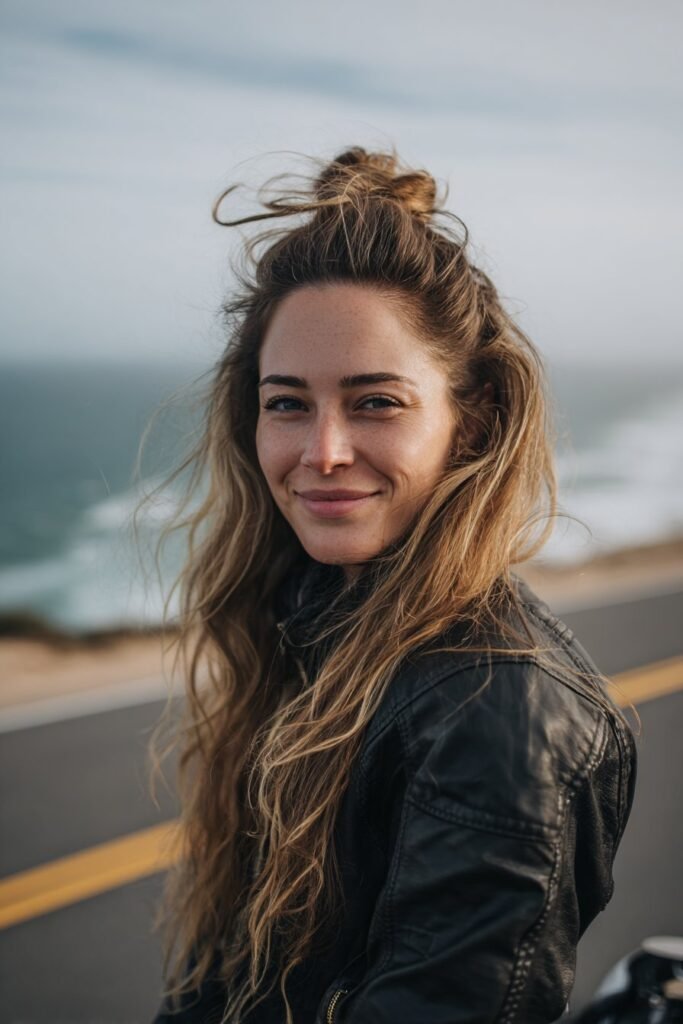 Woman with half-up top knot biker hairstyle and loose wavy lengths flowing naturally.