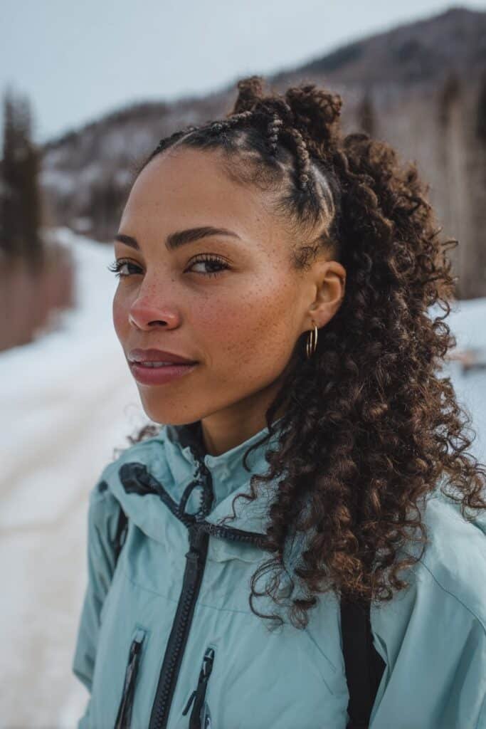 Half up twists with curly hair in winter setting
