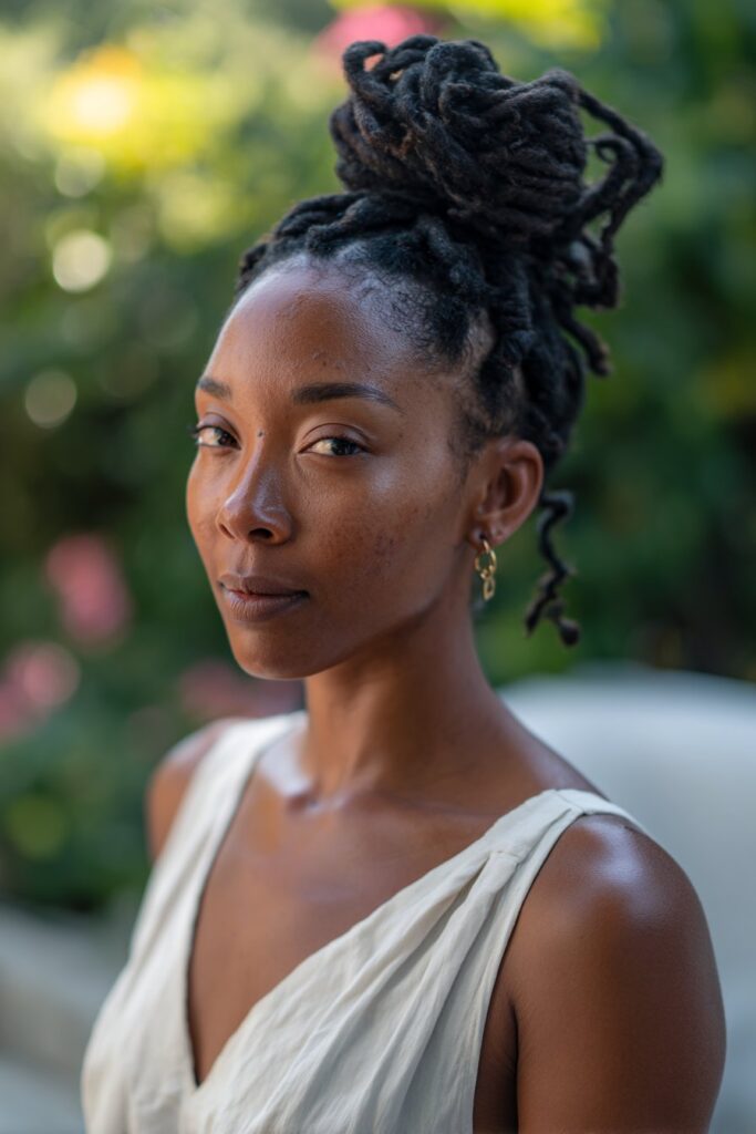 black woman wearing high bun with natural dreadlocks and neat edges