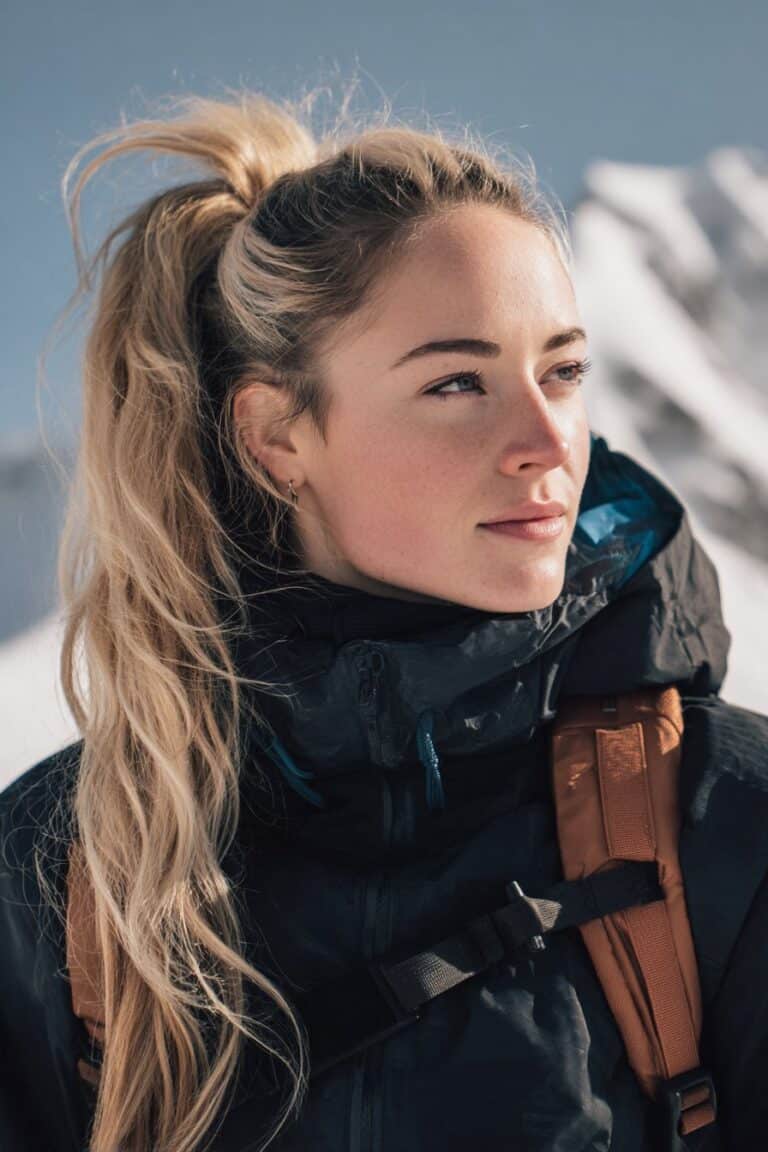 High ponytail ski hairstyle in icy mountain backdrop
