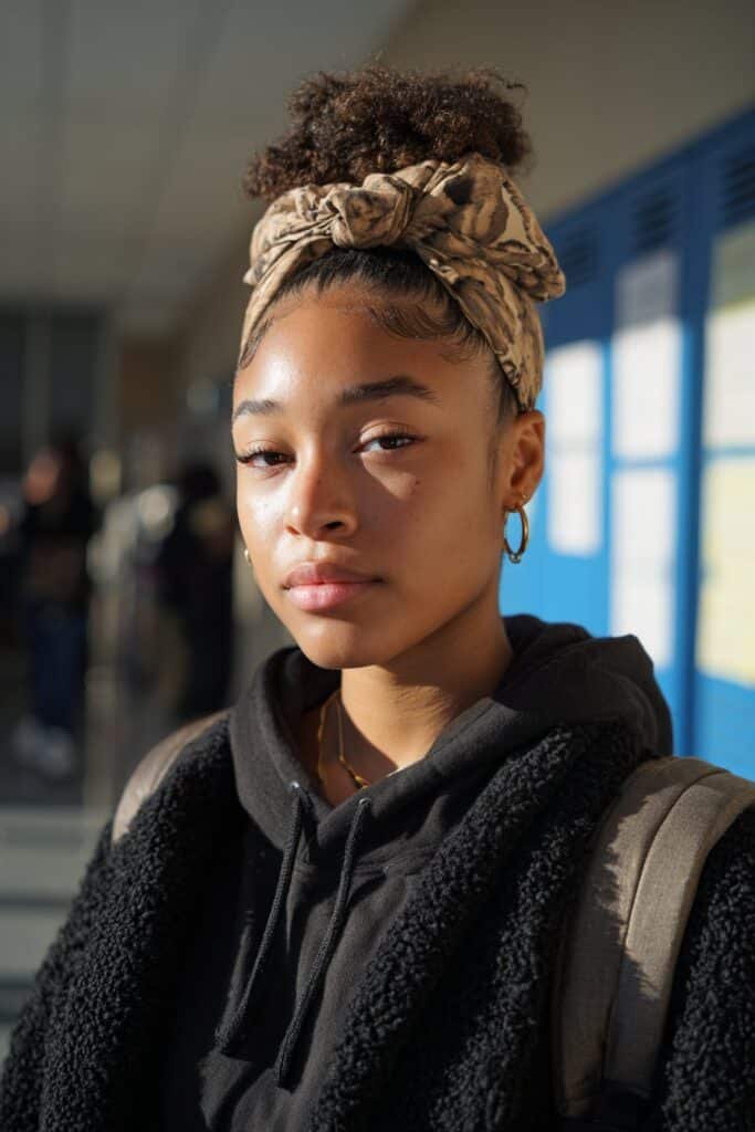 student wearing high puff with headband on 4c hair