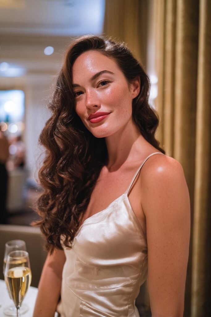 Hollywood glamour side curl hairstyle for bridesmaids with vintage shine