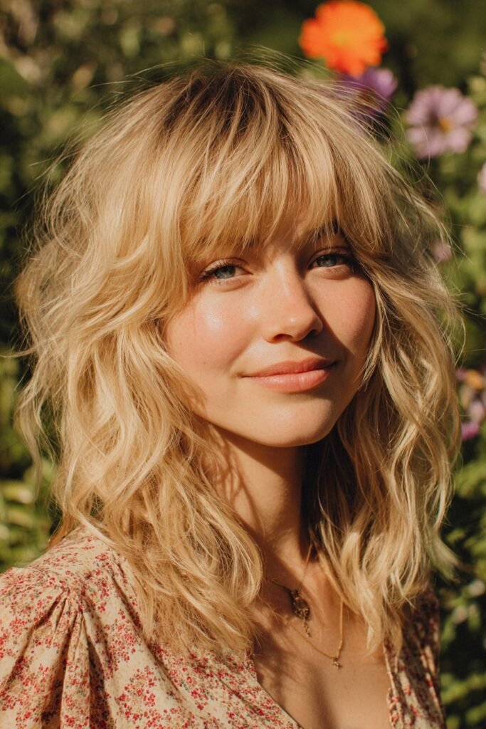 honey blonde shag haircut with soft wispy bangs