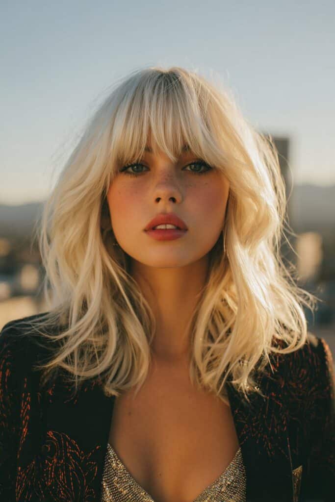 icy blonde shag with Bardot bangs and volume at the crown