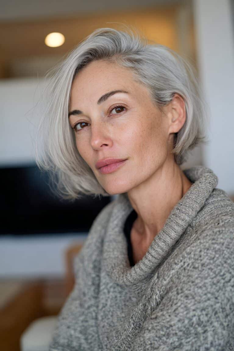 layered bob with one sided long bangs framing the face