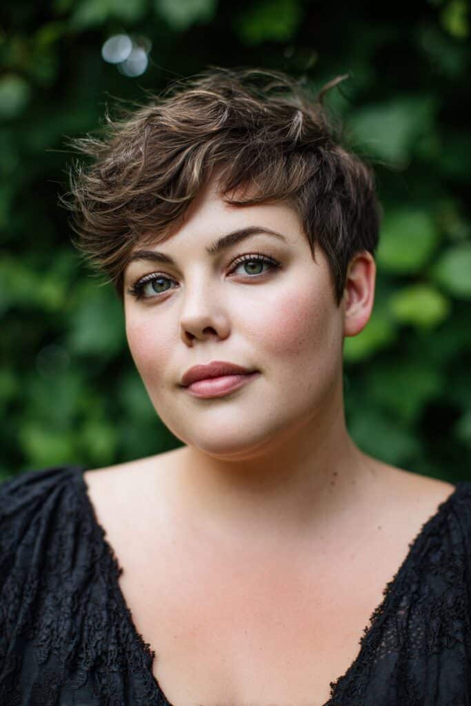 layered long pixie adding soft height for a round face