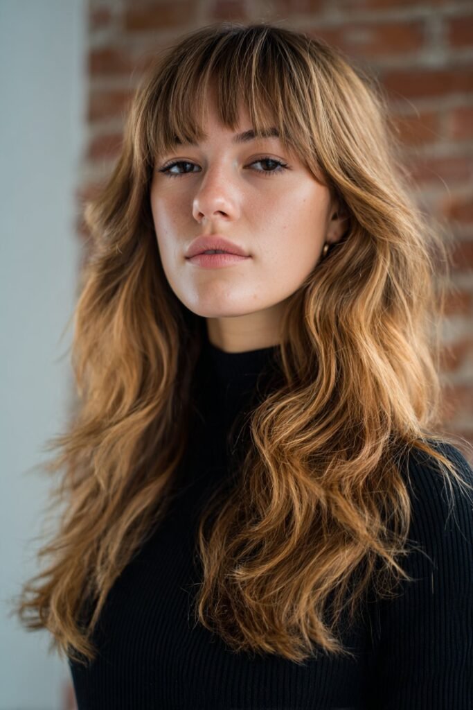 Layered waves with side part bangs on long flowing hair.