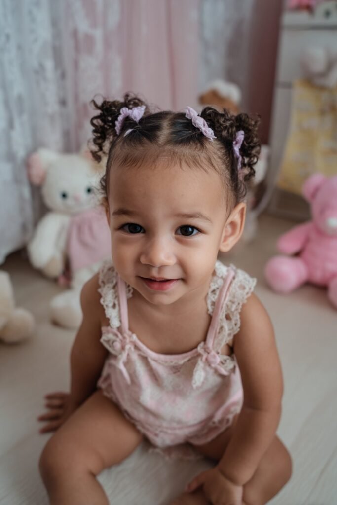 infant baby girl hairstyle with lilac lace tiny ties