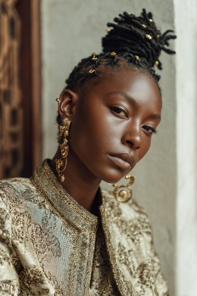 woman with short loc bun decorated with gold cuffs