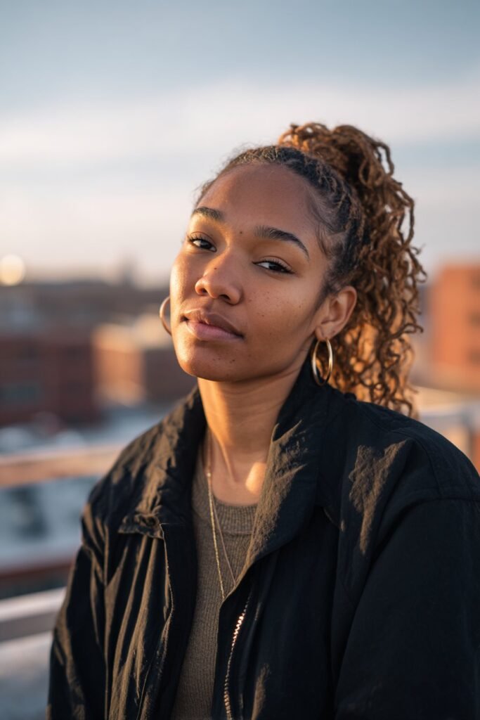 black woman wearing loc ponytail with softly curled ends