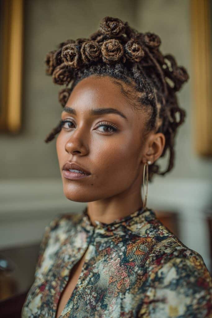 woman with short locs styled into rosette shapes