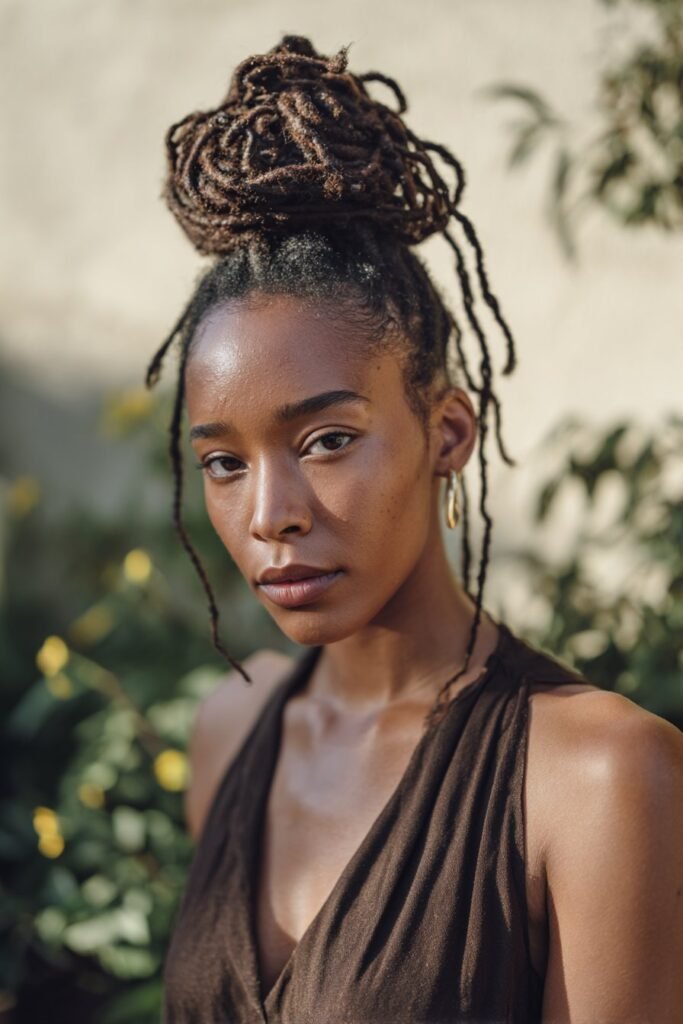 black woman with locs bun and soft face framing loc strands