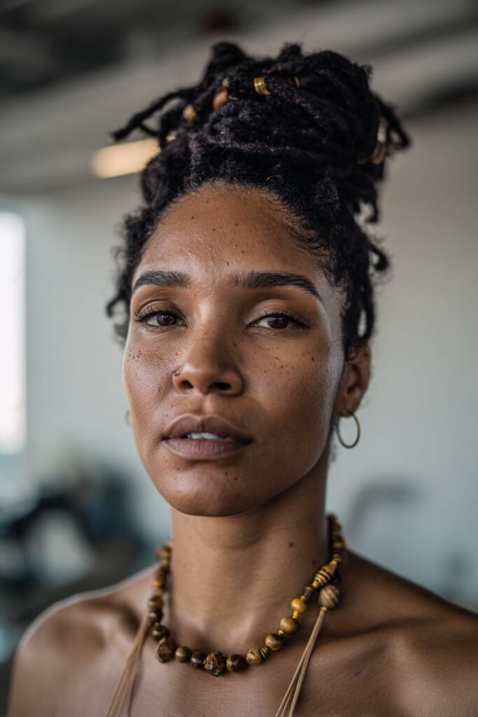 black woman with locs high updo decorated with gold and wooden beads