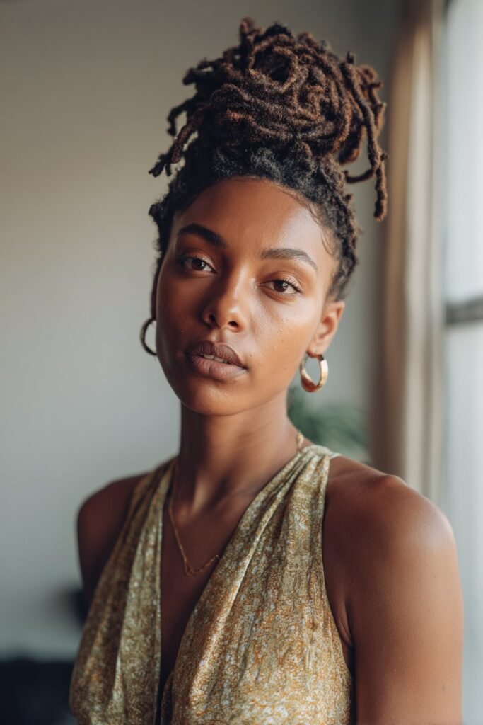 black woman with locs updo featuring soft brown highlights
