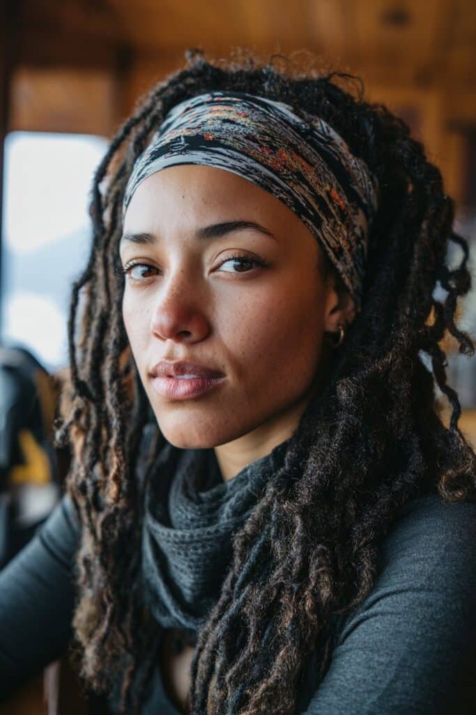 Locs with headband styled for skiing in winter