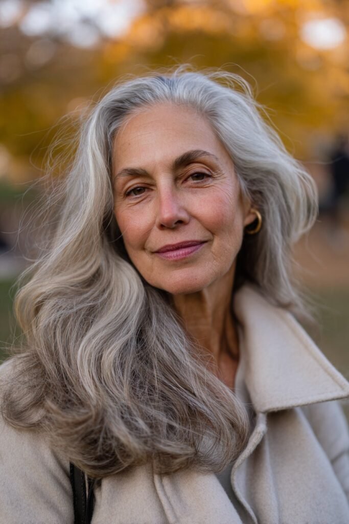 Long flowing gray waves hairstyle for older women with natural shine