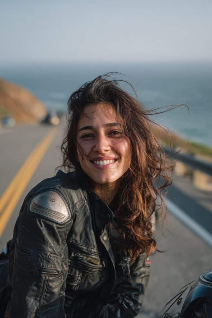 Woman with long flowing biker hairstyle featuring face-framing highlights and natural wind-blown layers.