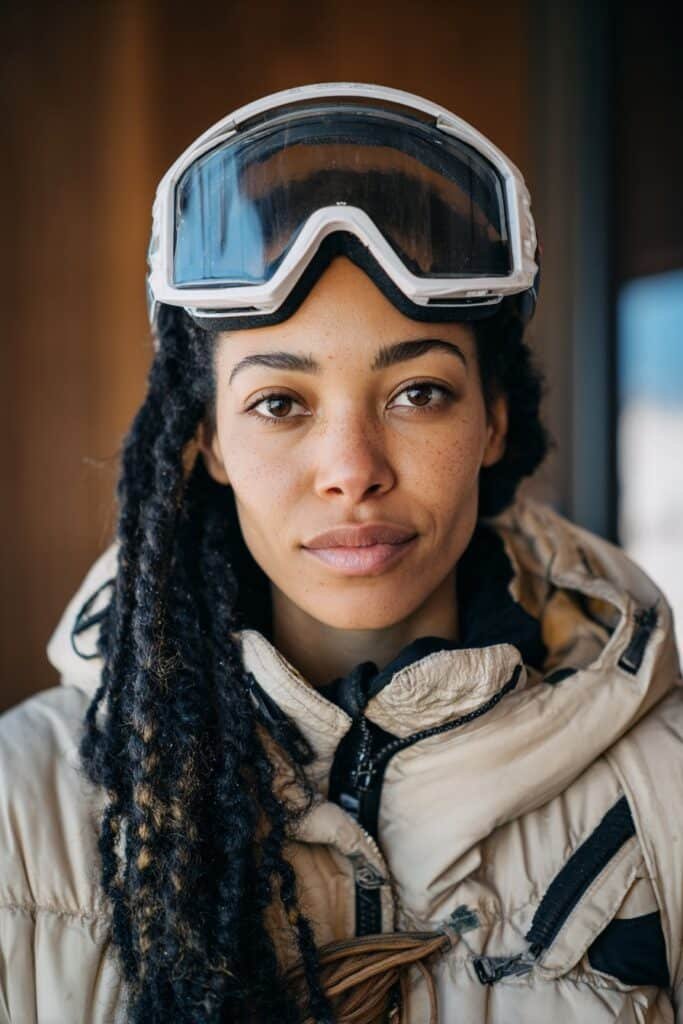 Long fulani braids styled for skiing with winter jacket and helmet