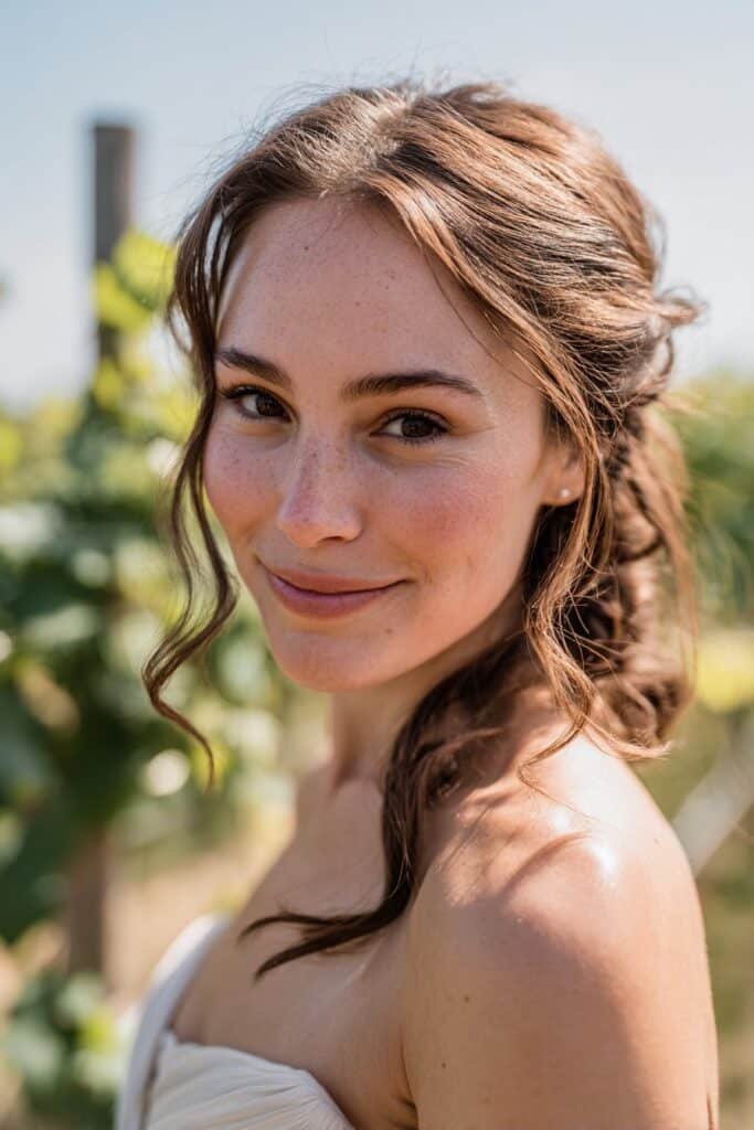 Loose side French twist hairstyle for bridesmaids with soft romantic shape