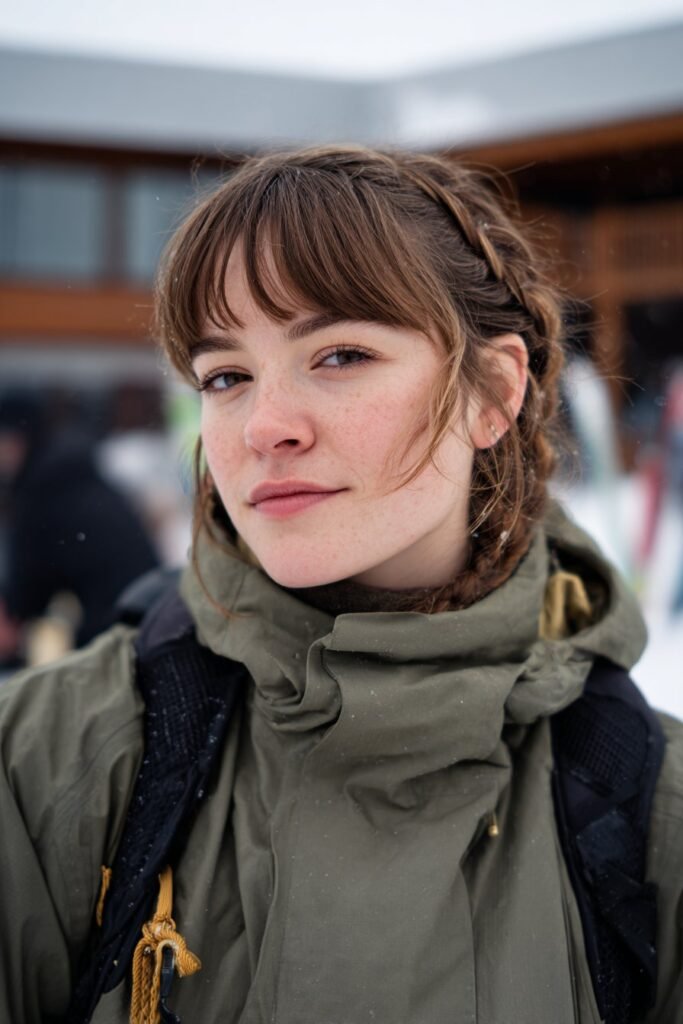 Low braided bun with side bangs in snow