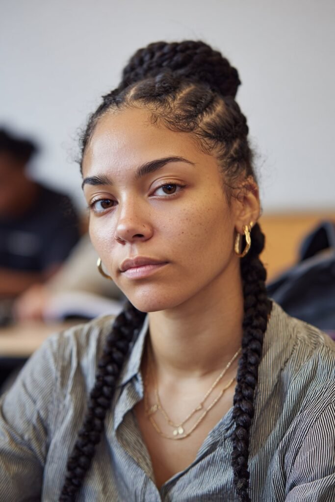 student with cornrows flowing into low bun hairstyle