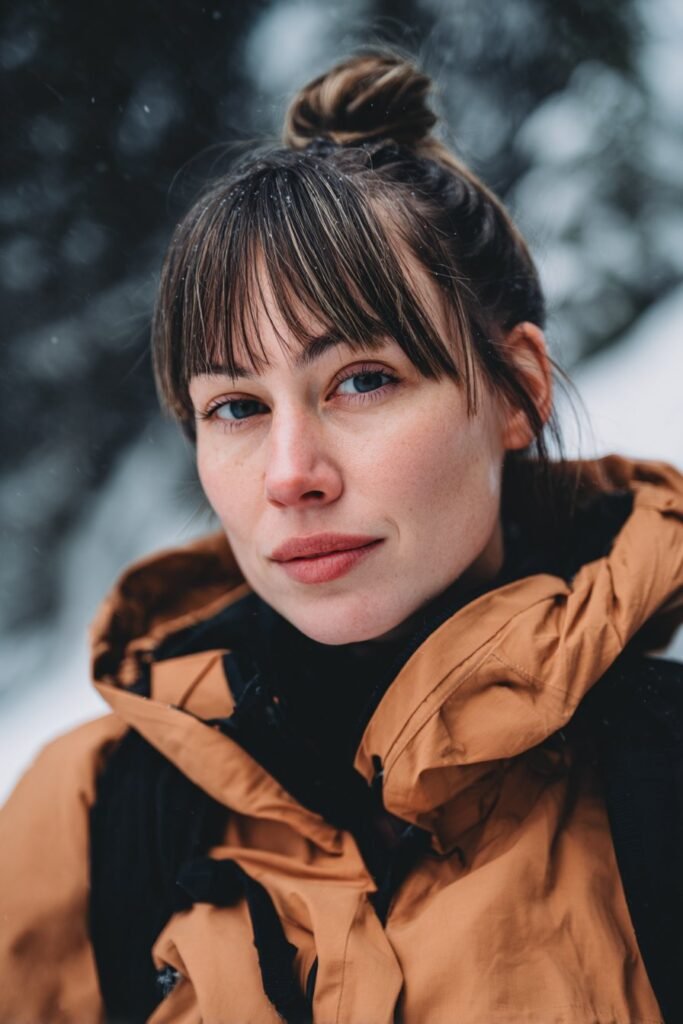 Low messy bun snowboarding hairstyle with blunt bangs