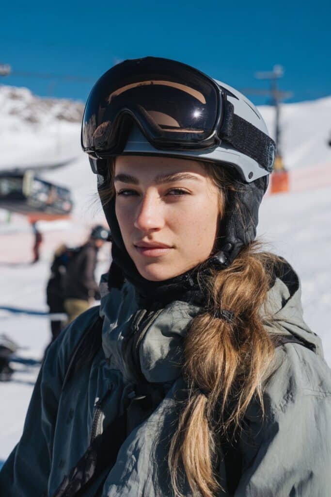 Low ponytail ski hairstyle for long hair in snowy setting
