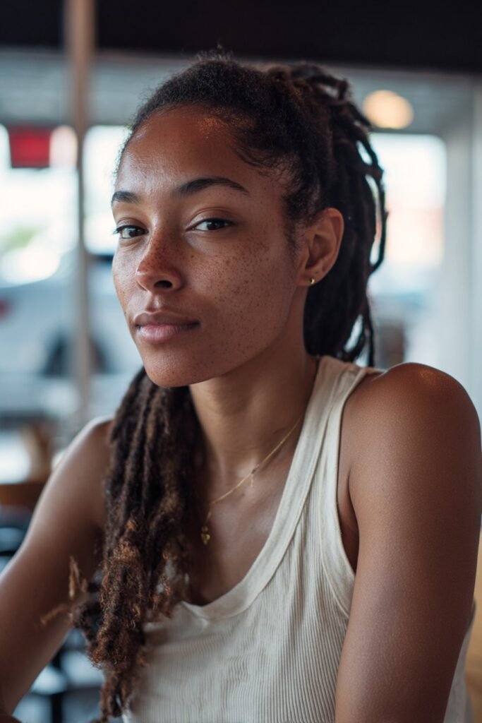 black woman with dreadlocks tied into a low ponytail