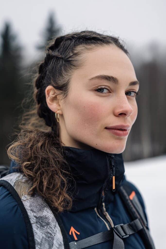 Low ponytail with side braids on curly hair in winter